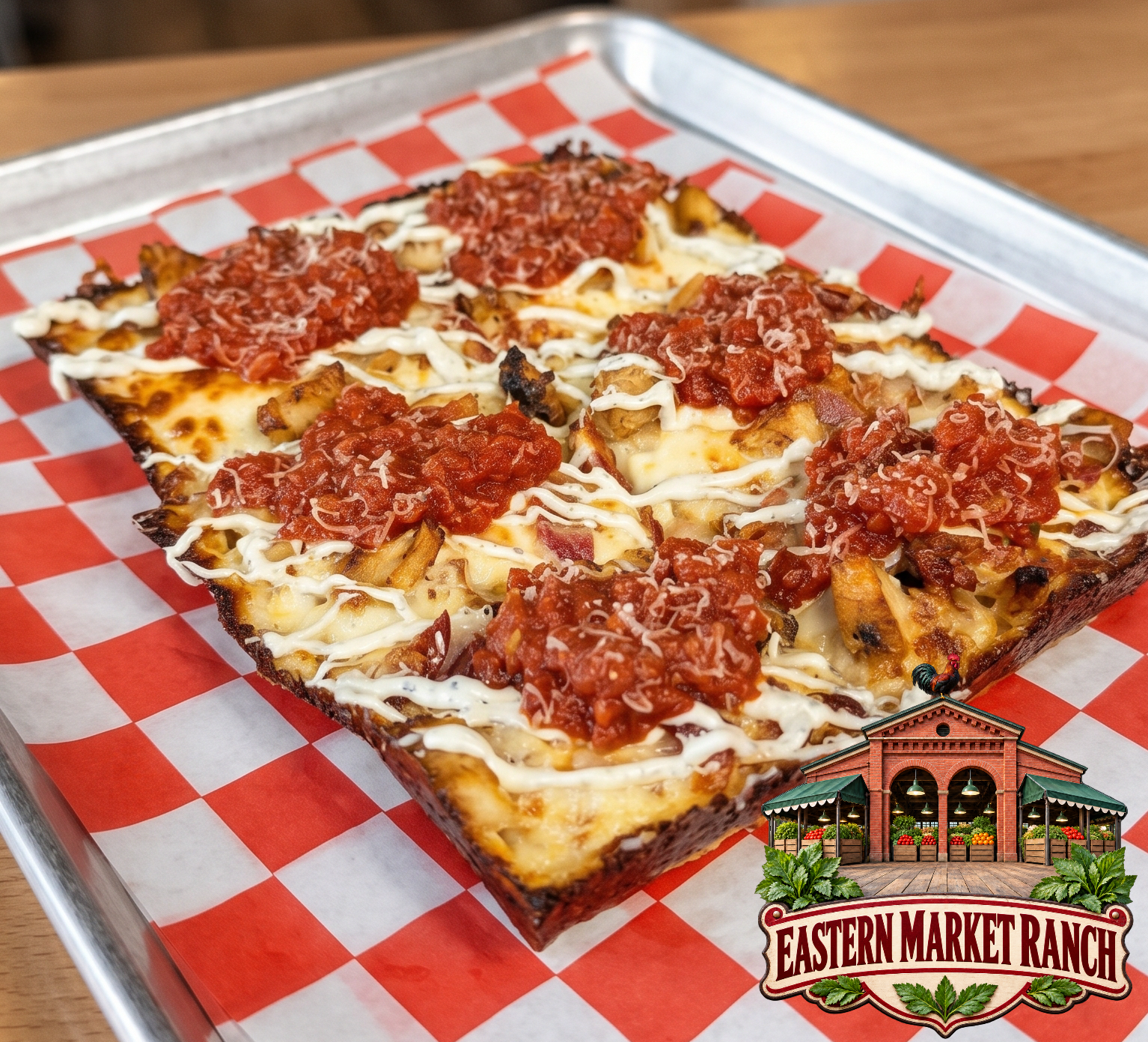 Eastern Market Ranch pizza with mesquite-grilled chicken, applewood-smoked bacon, ranch, red sauce, and Parmesan